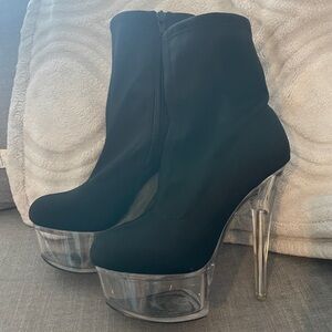 Fashion Nova Black Heeled Boots with Clear Platform